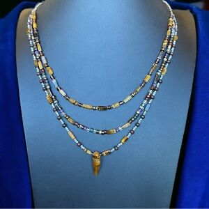 Vintage Multi Strand Tiger Eye & Semi Precious Bead Necklace 24” Silver Tone